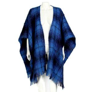 Vintage CUSHENDALE Ireland Mohair Wool Open Cape Shawl Blue Fringe Hem /937